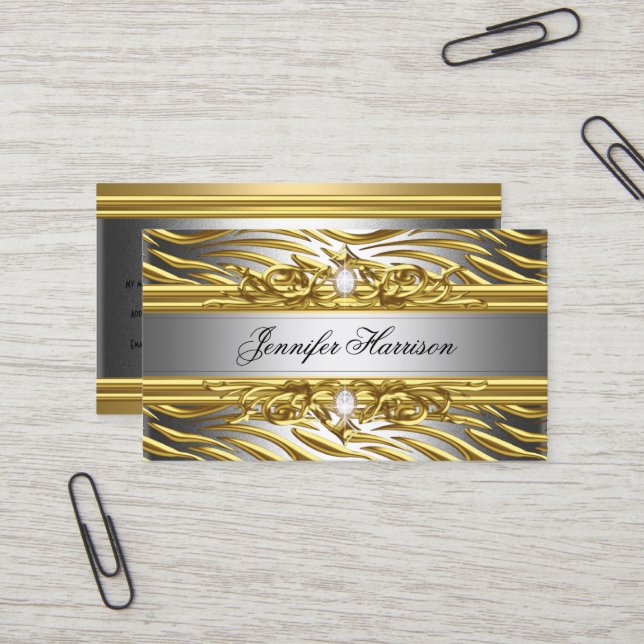 Diamond Jewel Zebra Gold On Gold Silver Elegant Business Card (Front/Back In Situ)