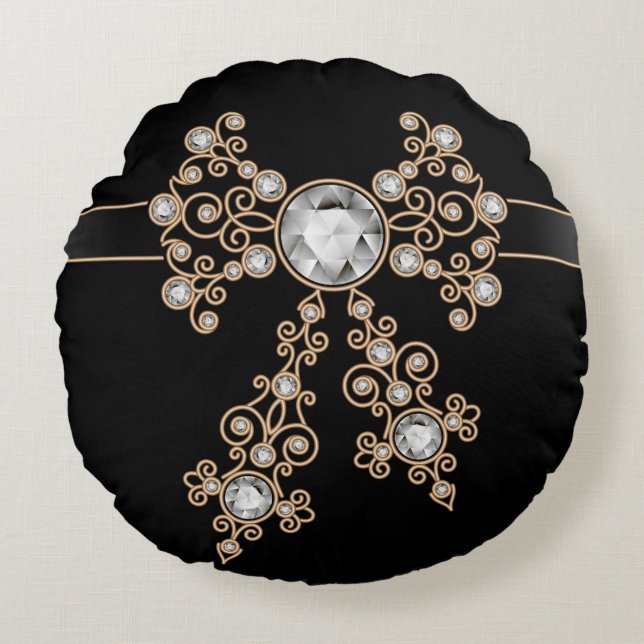 Diamond,jewellery,lace,silver,lace,black,pearls,ch Round Pillow (Front)