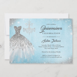 Diamond Lace Gown Silver Blue Quinceanera Invitation