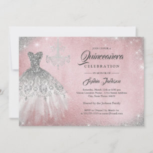 Diamond Lace Gown Silver Rose Gold Quinceanera Invitation