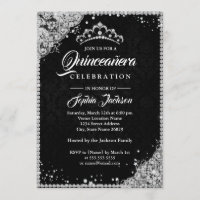 Diamond Lace Sparkle Black Silver Quinceanera