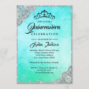 Diamond Lace Sparkle Blue Teal Quinceanera Invitation