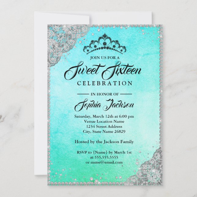 Diamond Lace Sparkle Blue Teal Sweet Sixteen Invitation (Front)