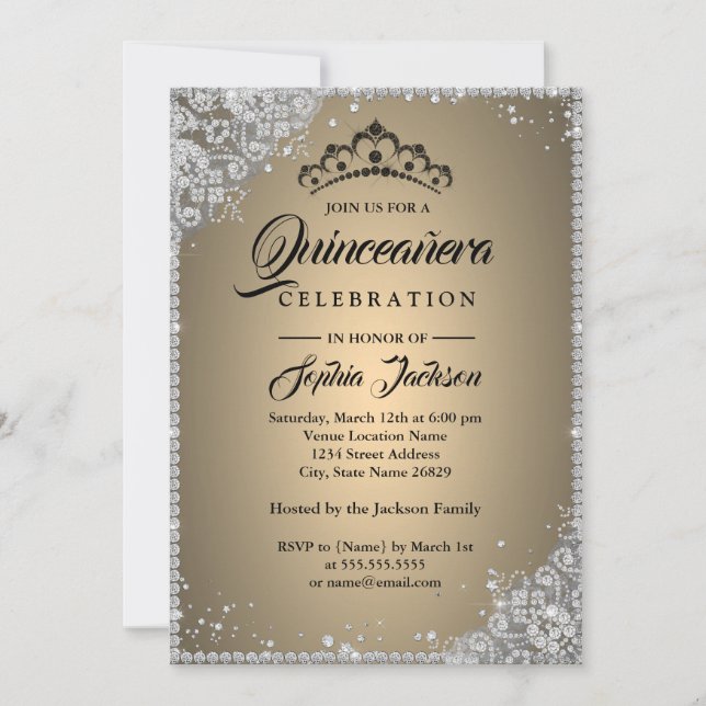 Diamond Lace Sparkle Gold Silver Quinceanera Invitation (Front)