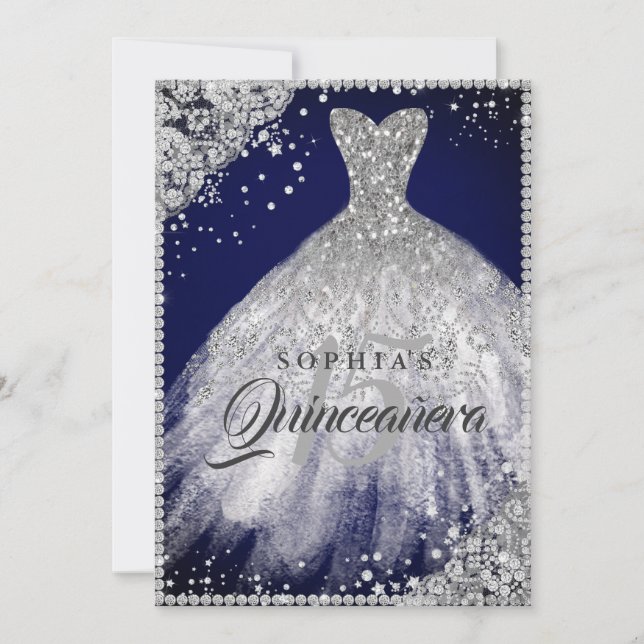 Diamond Lace Sparkle Gown Navy Quinceanera Invitation (Front)