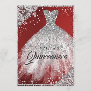 Diamond Lace Sparkle Gown Red Quinceanera Invitation