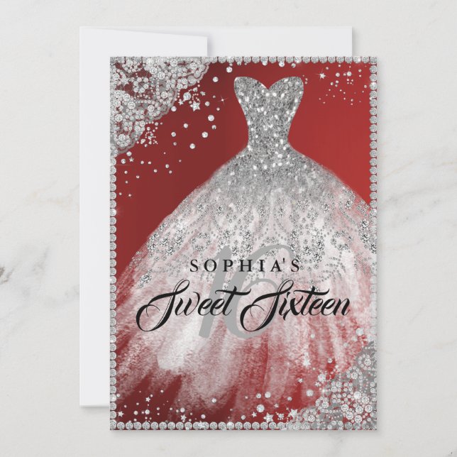 Diamond Lace Sparkle Gown Red Silver Sweet 16 Invitation (Front)