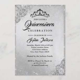 Diamond Lace Sparkle Silver Quinceanera Invitation
