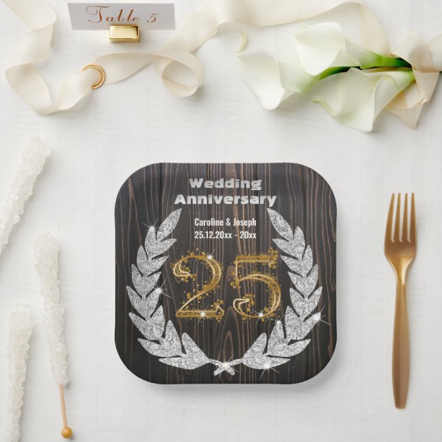 Diamond Laurel & 25TH Gold, Wedding Anniversary Pa Paper Plate (Wedding)