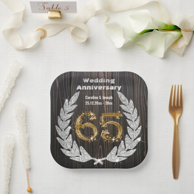 Diamond Laurel & 65TH Gold, Wedding Anniversary Pa Paper Plate (Wedding)