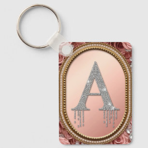 Diamond Letter A Monogram in Gold Frame with Pink Keychain