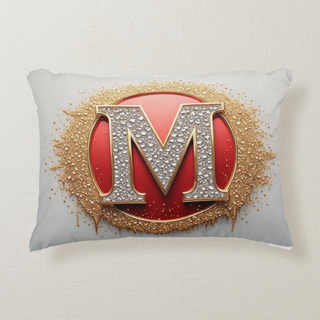Diamond Letter M Red Medallion Gold Monogram Accent Pillow (Front)