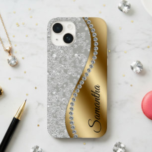 Diamond Look Gold Metal Personalized Glam iPhone 14 Case