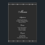 Diamond Menu Card<br><div class="desc">Menu card is shown with a lovely diamond sparkle border accent,  shown on the signature matte card paper in a black colour.
Script and standard text in a white colour. 
Customize the menu items and change the items to yours with this template.




Licensed Print</div>