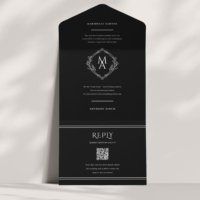 Diamond Monogram Floral Black Wedding All in One Invitation (Creator Uploaded)