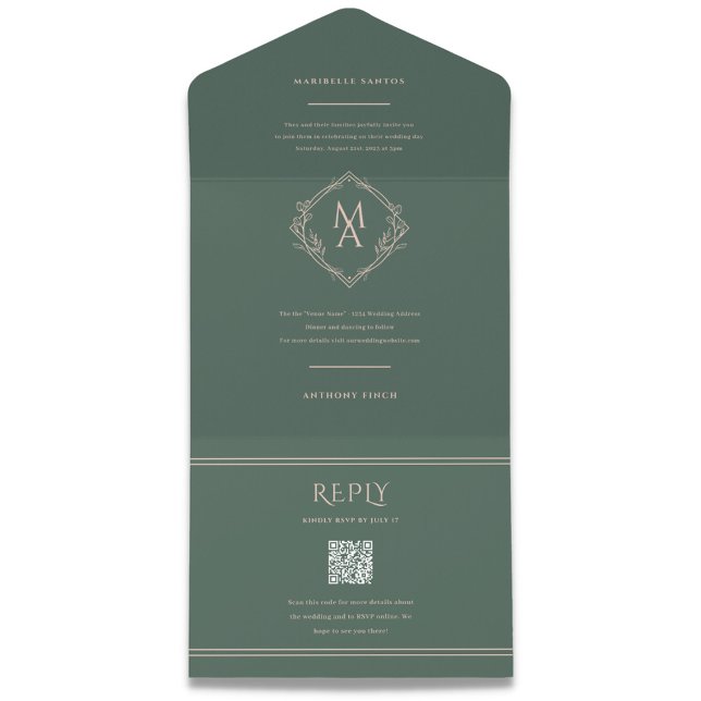 Diamond Monogram Floral Evergreen Wedding All In One Invitation (Creator Uploaded)