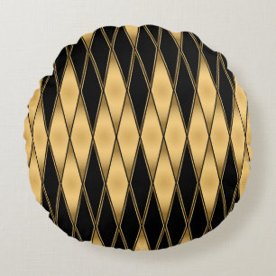 Diamond motif: gold-black elegant pattern. round pillow