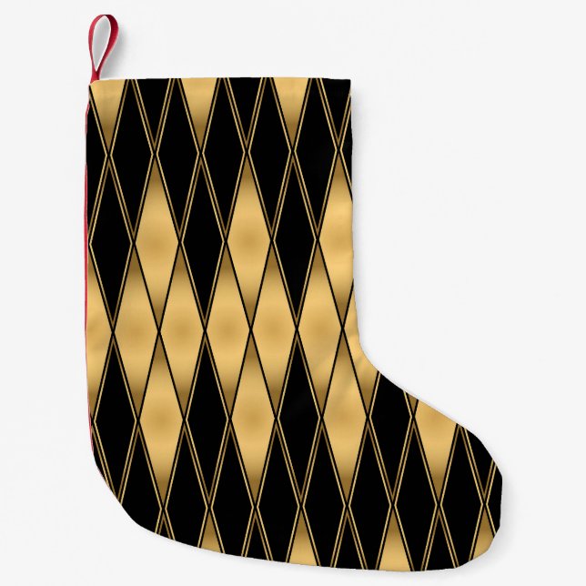 Diamond motif: gold-black elegant pattern. small christmas stocking (Front)