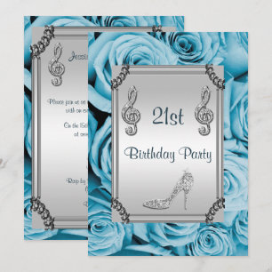 Diamond Music Note, Stiletto & Blue Roses 21st Invitation