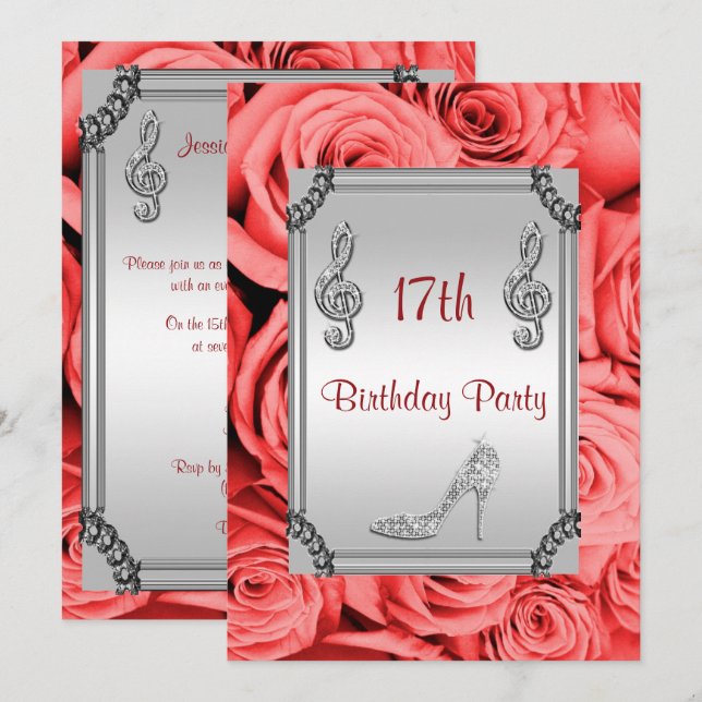 Diamond Music Note, Stiletto & Red Roses 17th Invitation (Front/Back)