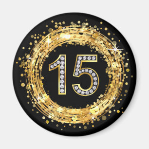 Diamond Number 15 Glitter Bling Confetti   gold Magnet