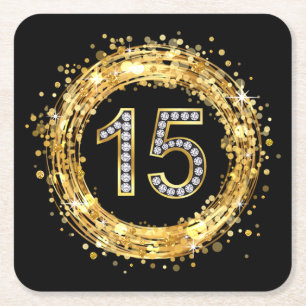 Diamond Number 15 Glitter Bling Confetti gold Square Paper Coaster