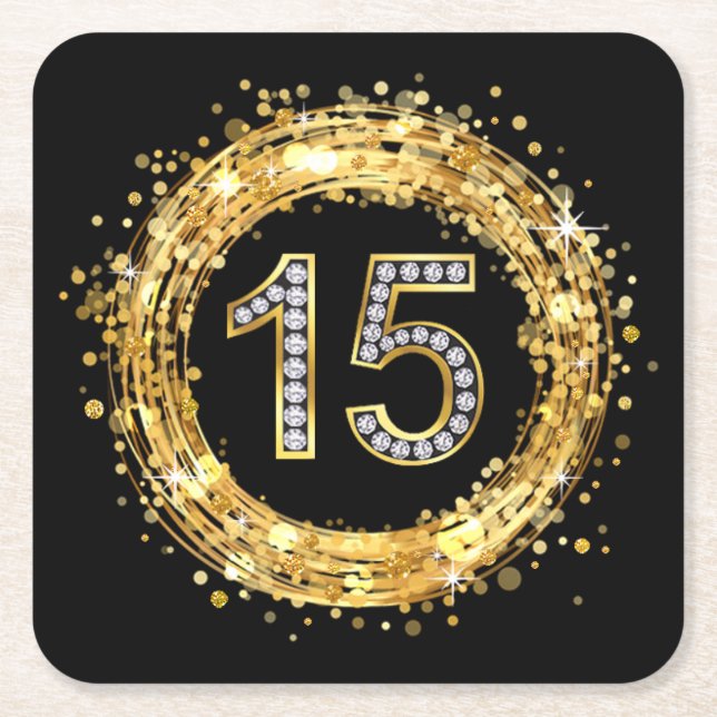 Diamond Number 15 Glitter Bling Confetti | gold Square Paper Coaster (Front)
