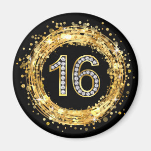 Diamond Number 16 Glitter Bling Confetti   gold Magnet