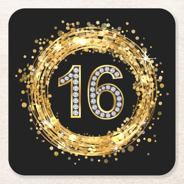 Diamond Number 16 Glitter Bling Confetti | gold Square Paper Coaster (Front)