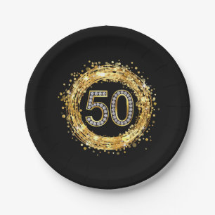 Diamond Number 50 Glitter Bling Confetti   gold Paper Plate