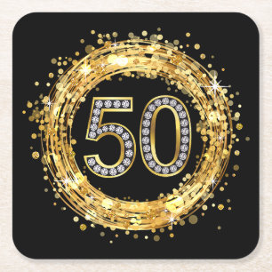 Diamond Number 50 Glitter Bling Confetti   gold Square Paper Coaster