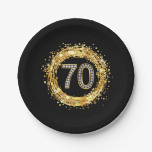 Diamond Number 70 Glitter Bling Confetti   gold Paper Plate