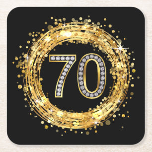 Diamond Number 70 Glitter Bling Confetti   gold Square Paper Coaster