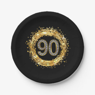 Diamond Number 90 Glitter Bling Confetti   gold Paper Plate