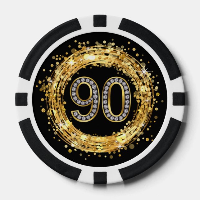 Diamond Number 90 Glitter Bling Confetti | gold Poker Chips (Front)