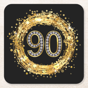 Diamond Number 90 Glitter Bling Confetti gold Square Paper Coaster