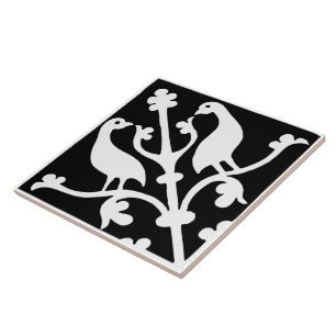 Diamond Orientation Birds Black and White Tile