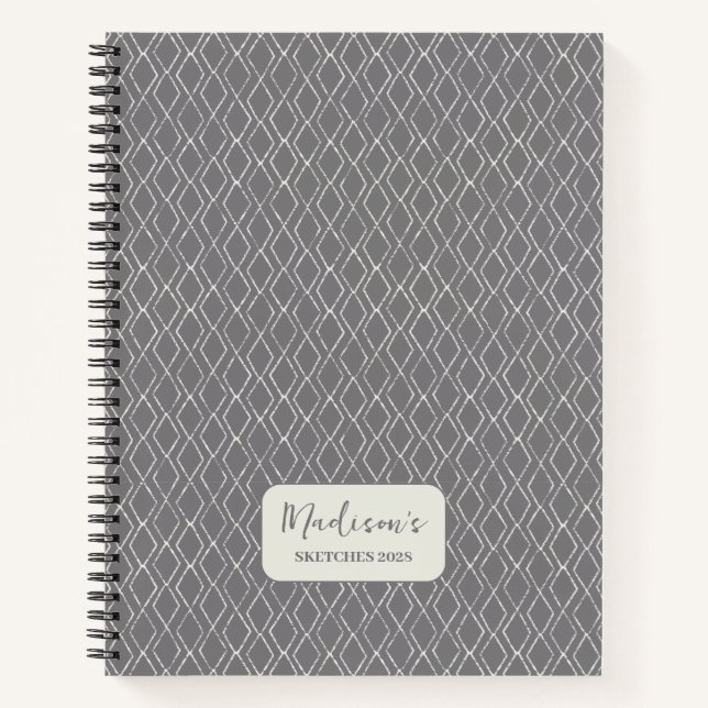 Diamond Pattern Dark Grey White Personalized Notebook (Front)