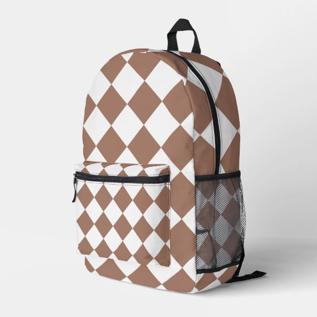 Diamond Pattern in White and Mocha Mousse Printed Backpack (Back Corner Right)