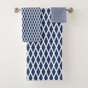 Diamond pattern, modern, simple, navy blue, white bath towel set