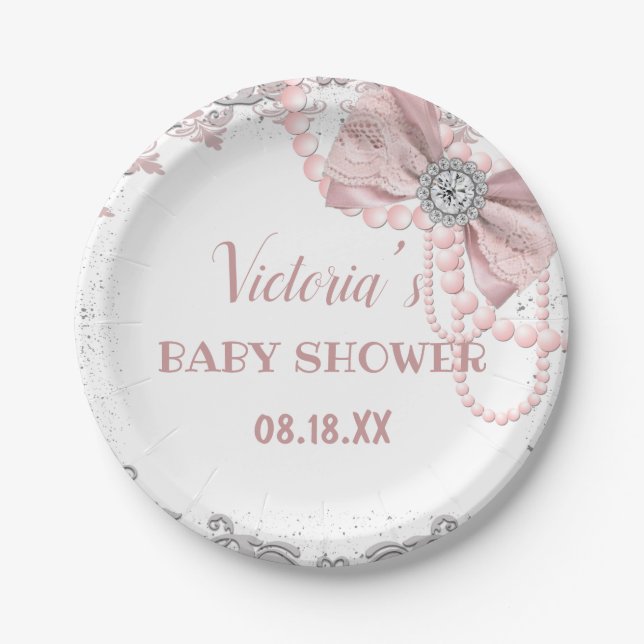 Diamond Pearl Blush Pink Girly Elegant Baby Shower Paper Plate (Front)