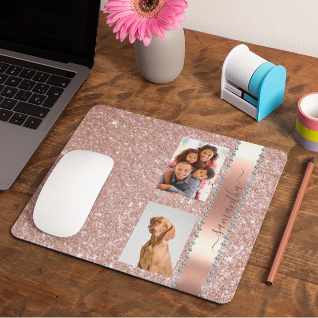 Diamond Photo Glitter Name Monogram Rose Gold Mouse Pad (Creator Uploaded)