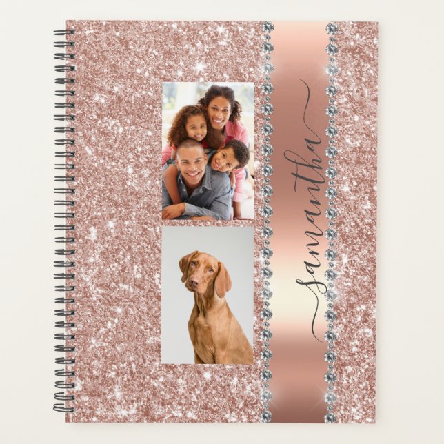 Diamond Photo Glitter Name Monogram Rose Gold Planner (Front)