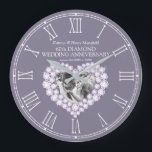 Diamond photo heart 60th wedding anniversary large clock<br><div class="desc">Diamond heart wedding anniversary clock personalize with your own couples photo, year of marriage, and names or relationship to you. The example reads Katrina and Henry Mansfield 60th Diamond Wedding Anniversary and your marriage and current date. Other matching diamonds sixtieth wedding anniversary heart gifts and cards are available. Gemstone diamonds...</div>
