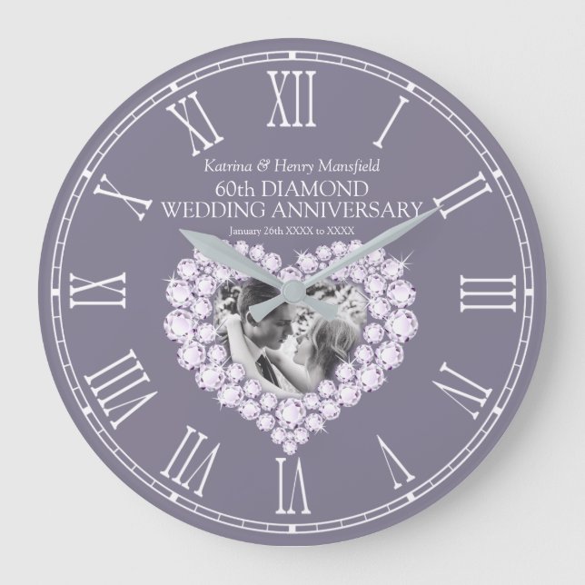 Diamond photo heart 60th wedding anniversary large clock (Front)