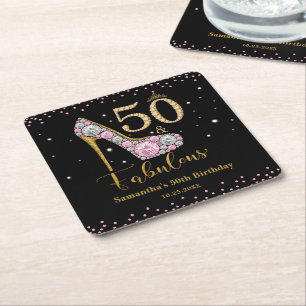 Diamond Pink Gold Fifty and Fabulous 50th Birthday Square Paper Coaster