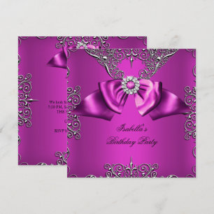 Diamond Plum Pink Bow Silver Elegant Birthday Invitation