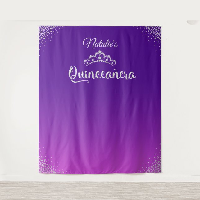 Diamond Princess Crown Quinceañera Backdrop Tapestry (Front)