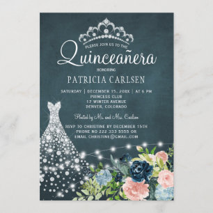 Diamond princess dress watercolor chic quinceanera invitation