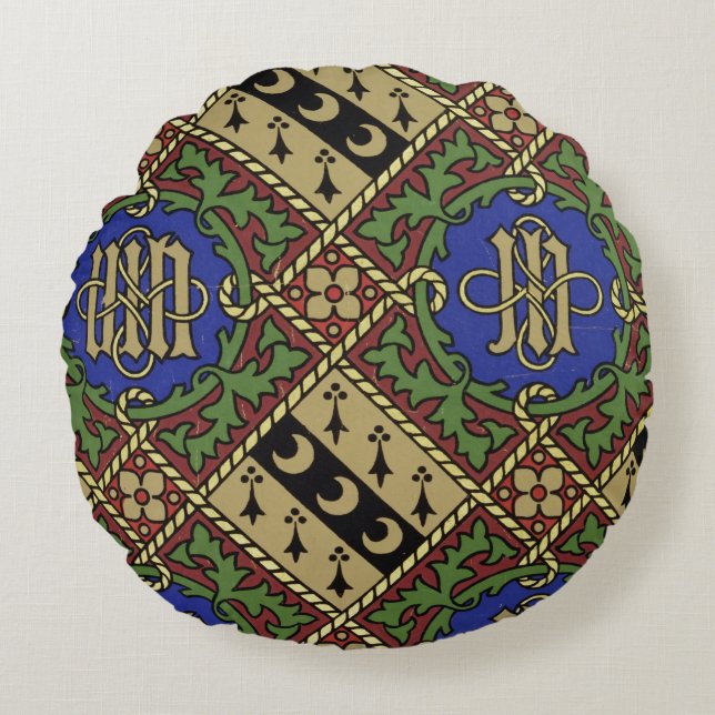 Diamond print ecclesiastical wallpaper design round pillow (Front)